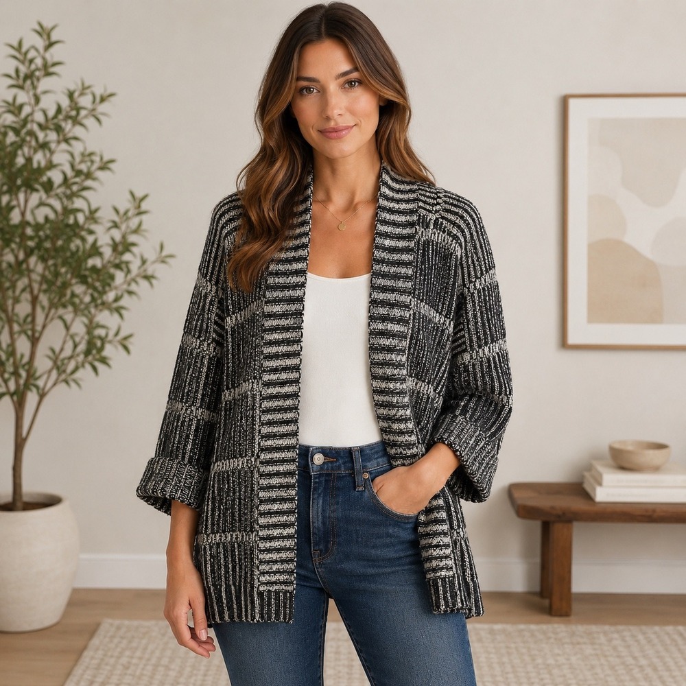 Alice + Olivia Women's Wool Open Cardigan Sweater Small Black White Chunky Knit
